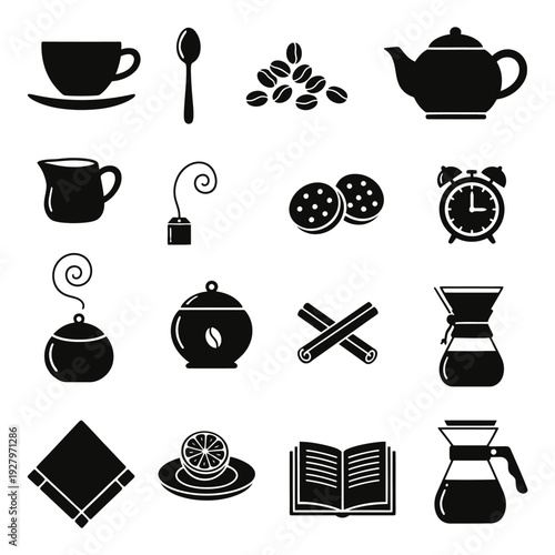 a collection of minimalist, black and white silhouette icons related to food and dining.