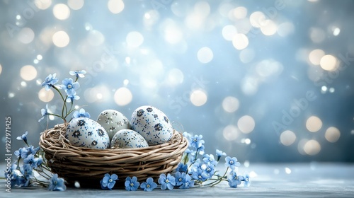 Wallpaper Mural Decorative Easter eggs in wicker nest with blue flowers bokeh Torontodigital.ca