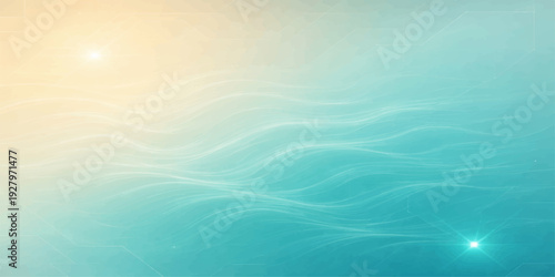 An abstract blue background featuring a summer nature landscape with soft ocean waves and light reflections under a cloudy sky at the sea horizon