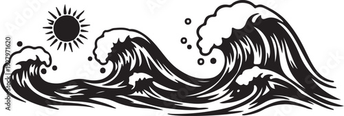 Stylized silhouette Ocean Waves Illustration with Sun for Coastal Themes