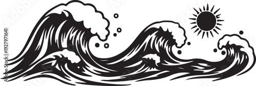 Stylized silhouette Ocean Waves Illustration with Sun for Coastal Themes