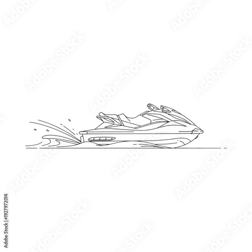 Dynamic jet ski speeding across calm water with splashing waves sleek black and white design summer adventure theme modern illustration style