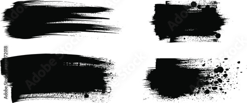 Black brush stroke set, grunge paint smears and ink splatter textures isolated on white background abstract design elements