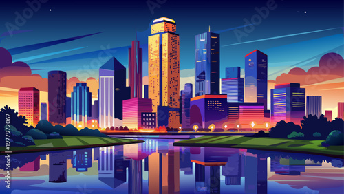 Very beautiful dusk portrait of Houston, Texas skyline shimmering with city lights, reflections dancing across calm waterfront under deep blue evening sky.