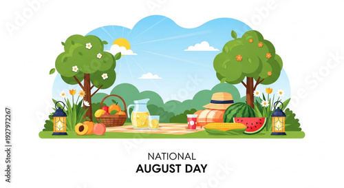 National August Day Summer Picnic with Fruits Trees and Outdoor Celebration Vector Illustration