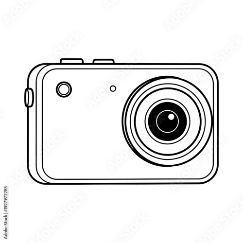 Black and white line drawing of a compact digital camera with lens and viewfinder on white background
