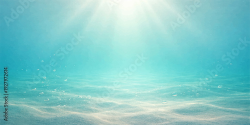An underwater scene captures sun rays piercing the beautiful blue ocean water as light reflects through waves against a bright summer horizon
