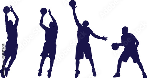 Basketball player silhouette vector set, collection of athlete dribbling shooting and jumping isolated on white background sports illustration