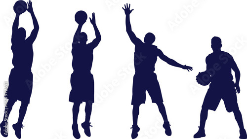 Basketball athlete silhouette collection, vector set of players dribbling shooting and defending isolated on white background sports design