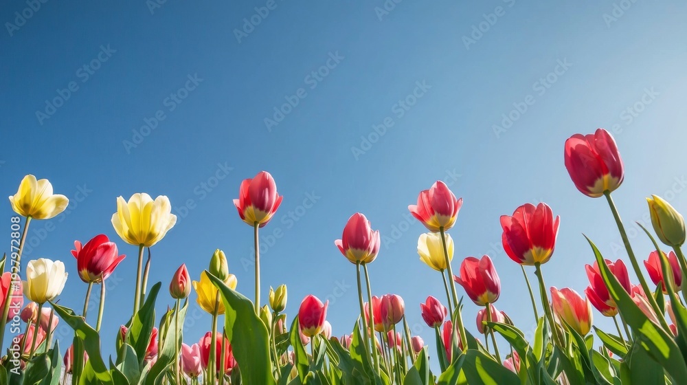 Fototapeta premium Bright tulip garden under the clear sky with plenty of space above for text or design elements