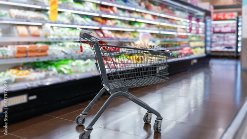 Shopping Cart in Supermarket Aisle with Groceries