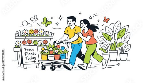 Garden Center Outdoor Display. Rows of blooming flowers and tall leafy plants arranged in neat groups, a