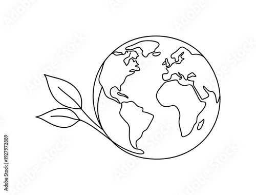 "Earth with Leaves". Minimalistic one-line drawing globe with simple continental outlines and two leaves