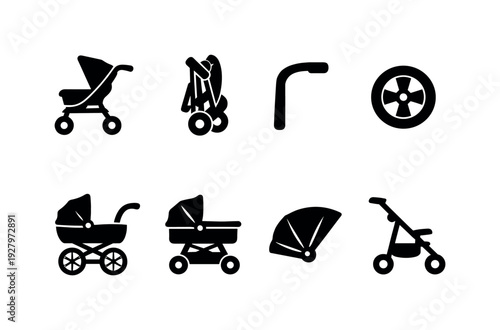 Doll Stroller. Filled icon set of Doll Stroller: doll stroller side view, folded doll stroller, stroller