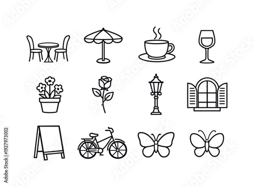 romantic cafe patio outline set. Line outline icon set of romantic cafe patio outline set: small table, two