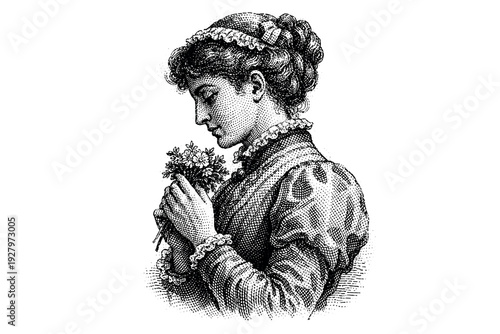 argins on the edA single Victorian-era woman in profile gently holding a small bouquet close to her chest,