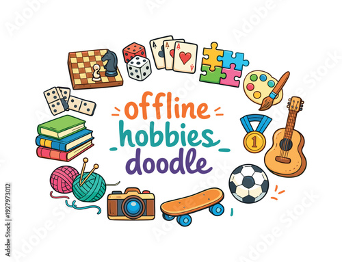 offline hobbies doodle. Hand drawn illustration of offline hobbies doodle. chess board, dice, playing cards,