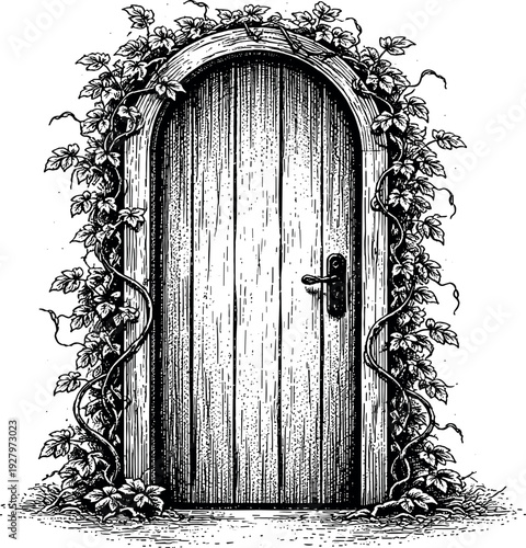 Vintage Garden Door. A single old wooden garden door with subtle vine tendrils curling around its frame, black