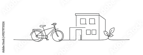 "Eco-Friendly Commute". Minimalistic one-line drawing bicycle parked beside small office building outline with
