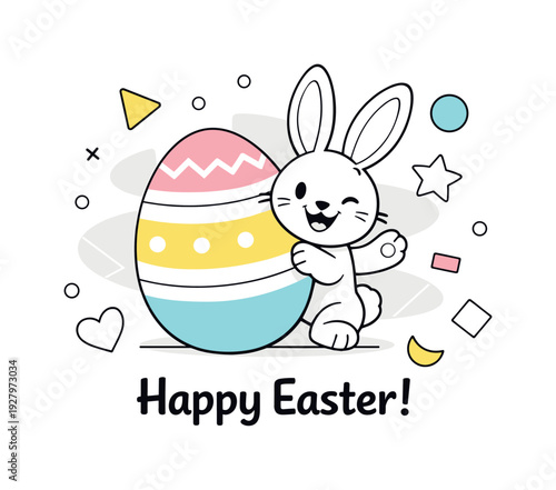 Easter celebration card. A cheerful rabbit peeking from behind a pastel egg, friendly smile and playful