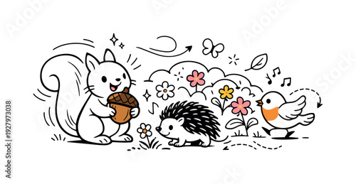 Springtime Woodland Fun. Spring Woodland Friends. A cheerful squirrel holding an acorn while a hedgehog and