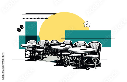 Modern graphic collage of a black and white vintage café terrace with tables, chairs, and coffee cups, cut-out