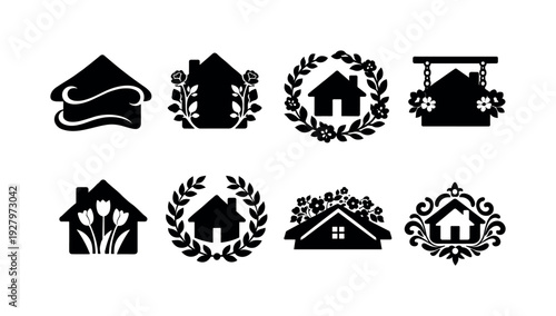 Floral house typography set. Filled icon set of Floral house typography set: sweet home cursive text, house