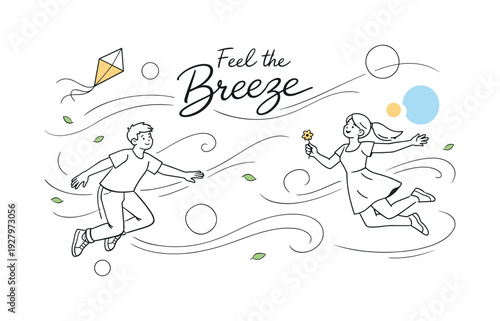 Spring breeze motion. Soft wind swirl lines curving gracefully across the scene, tiny leaves carried in gentle