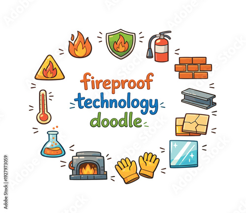 fireproof technology doodle. Hand drawn illustration of fireproof technology doodle. flame icon, shield, fire