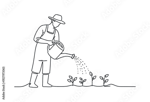 "Gardener Watering Plants". Minimalistic one-line drawing gardener holding a watering can and pouring water