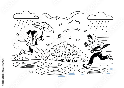 Fresh Spring Shower. A minimalist landscape with blooming bushes and light rain falling from simple rounded