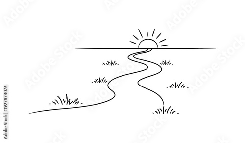 "Meadow Path to Sun". Minimalistic one-line drawing soft winding meadow path guiding toward small rising sun