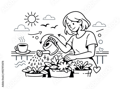 Woman Watering Balcony Plants. A young woman gently tilts a watering can over lush potted plants, small