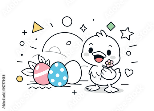 Easter seasonal card. A cheerful duckling holding a tiny flower beside pastel eggs, bright smile and festive