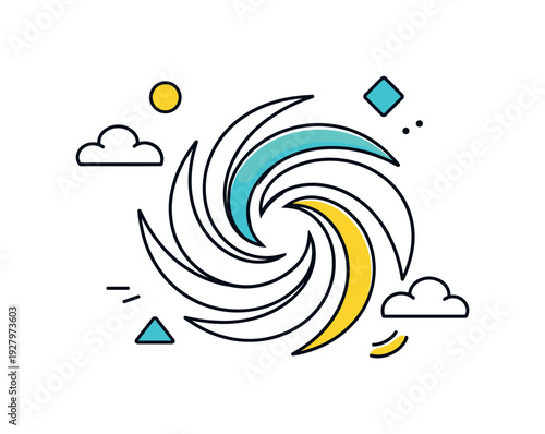Minimal abstract design element. Clean geometric wind swirl centered with balanced symmetry and generous white