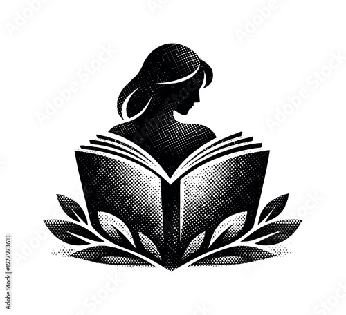 Symbolic composition of a simplified female silhouette with an open book integrated into the form and subtle