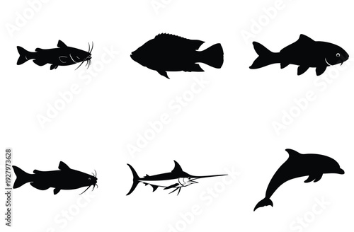 Predatory fish silhouettes including catfish and swordfish paired with dolphin icons for comprehensive marine and freshwater animal illustration sets suitable for fishing gear and logo branding