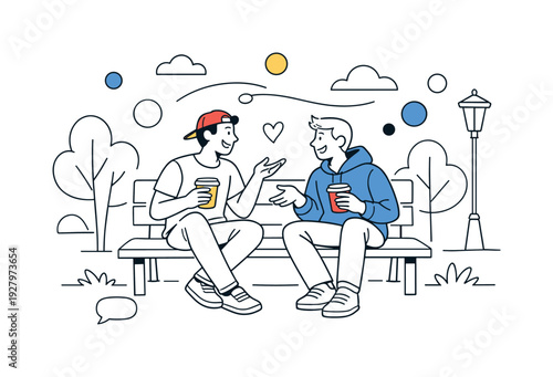 City park meetup. Two friends sitting on a park bench sharing coffee, relaxed posture and friendly gestures.