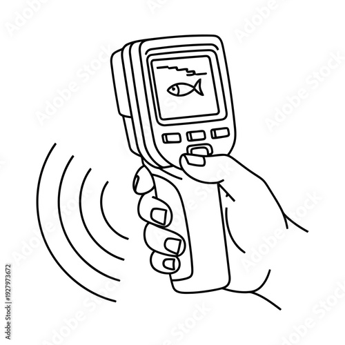 Hand holding a fish finder device with a screen displaying a fish icon and signal waves