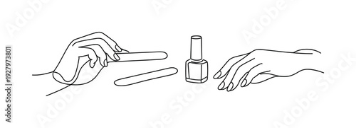 Elegant Manicure Line Art. "Manicure Tools and Hands". Minimalistic one-line drawing graceful hands beside