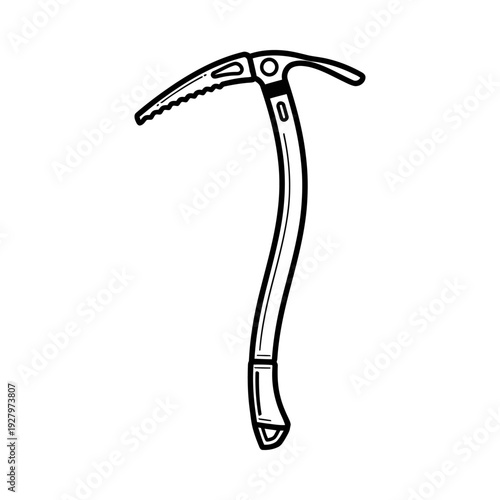 Detailed illustration of a curved ice axe with pick and pick protector for climbing and climbing protection