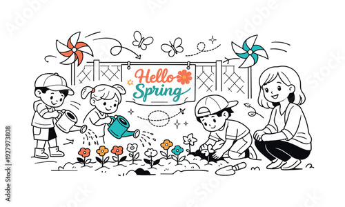 Kindergarten Spring Activities. Cheerful kids planting tiny flowers in a school garden, watering cans tilted