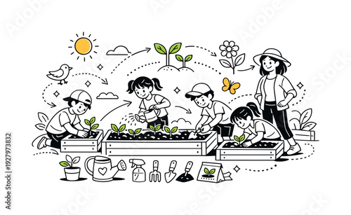Spring School Gardening. Spring Gardening Class Outdoors. A lively schoolyard scene with raised beds, small