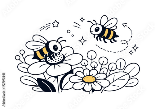 Spring Garden Pollination. A close-up scene of bees landing gently on colorful blossoms, one bee lifting off