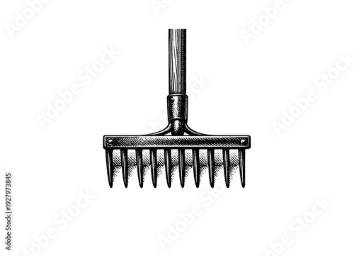 A vertically oriented old-fashioned garden rake with long slender handle slightly cropped by the frame edge,