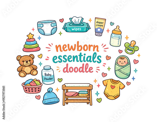 newborn essentials doodle. Hand drawn illustration of newborn essentials doodle. diaper, baby wipes, diaper
