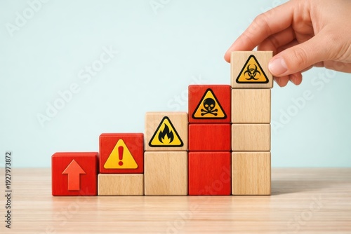 Hazard Awareness: A person carefully arranges wooden blocks bearing safety hazard symbols, forming a symbolic staircase of risk.