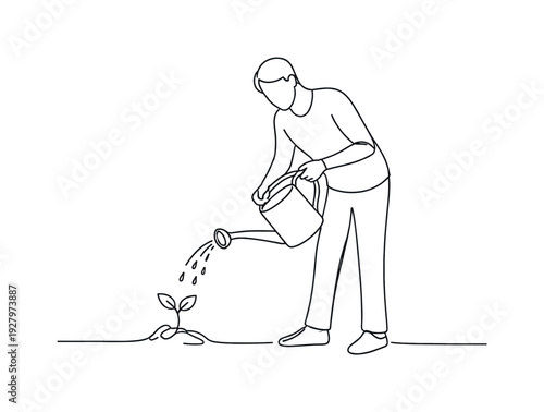 "Planting with Watering Can". Minimalistic one-line drawing person holding watering can pouring water over