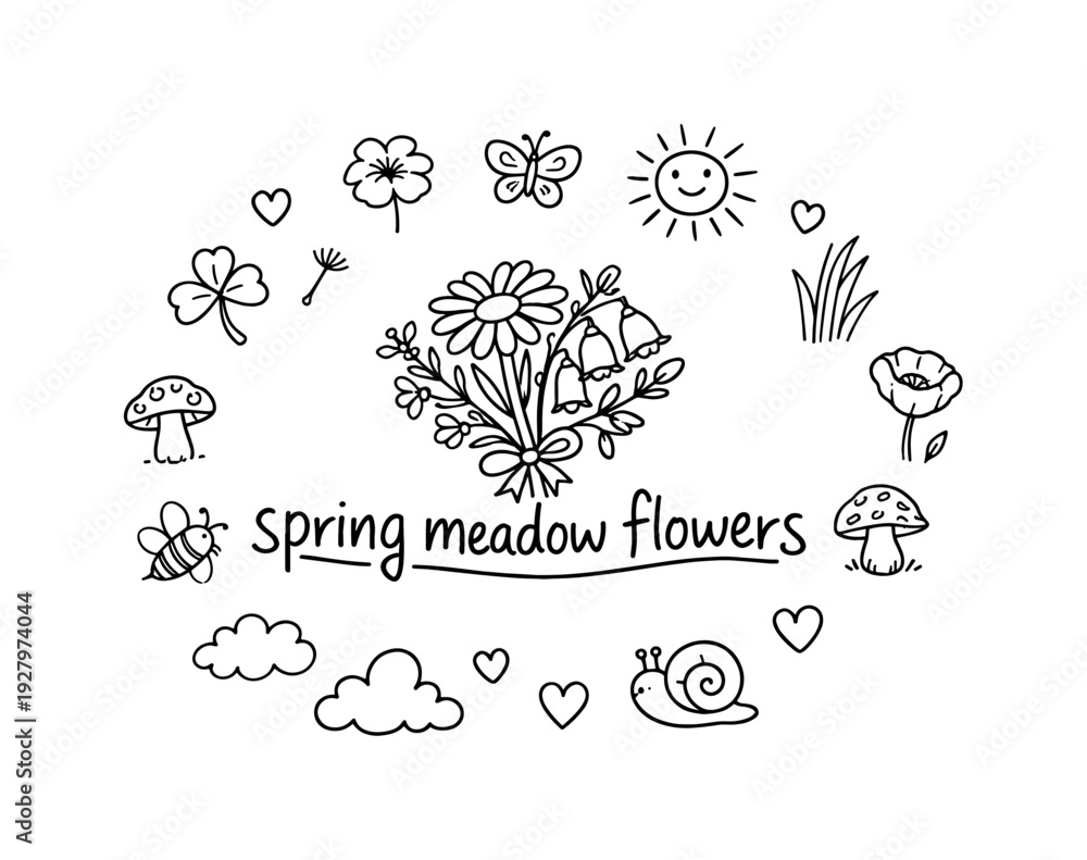 Obraz premium spring meadow flowers. Hand-drawn doodle illustration of spring meadow flowers. In the middle, one slightly