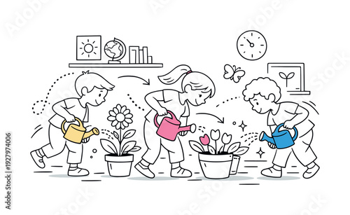 Spring Classroom Plant Activity. A lively interior scene with children carrying watering cans across the room,